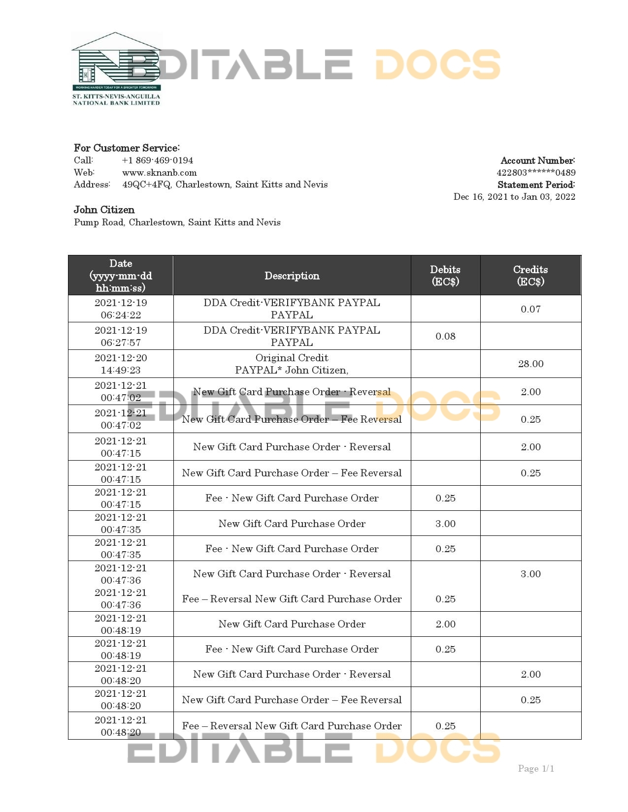Saint Kitts and Nevis SKNA bank proof of address statement template in Word and PDF format
