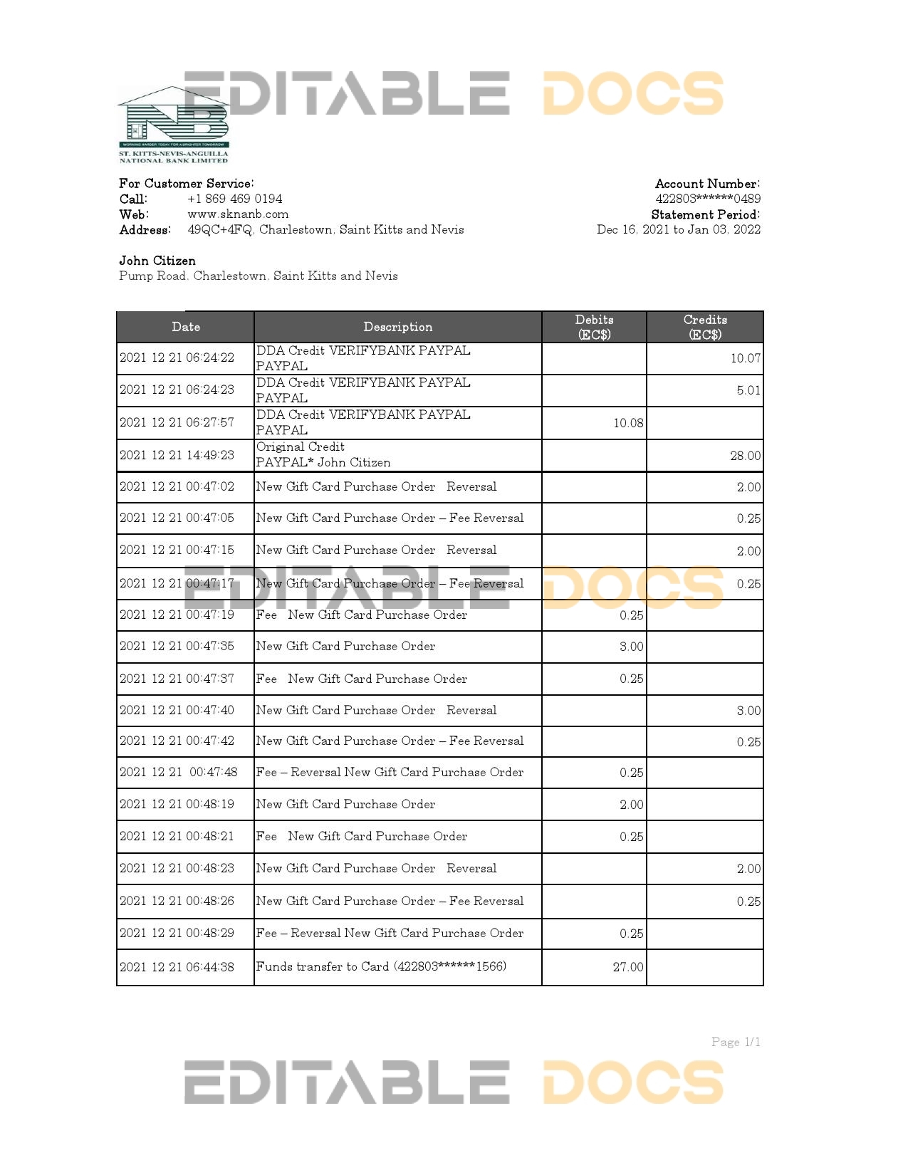 Saint Kitts and Nevis SKNA bank statement, Excel and PDF template