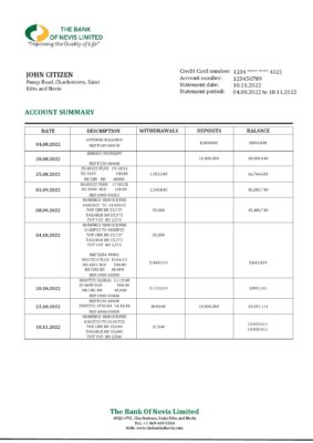 Saint Kitts and Nevis The Bank of Nevis bank proof of address statement template in Word and PDF format