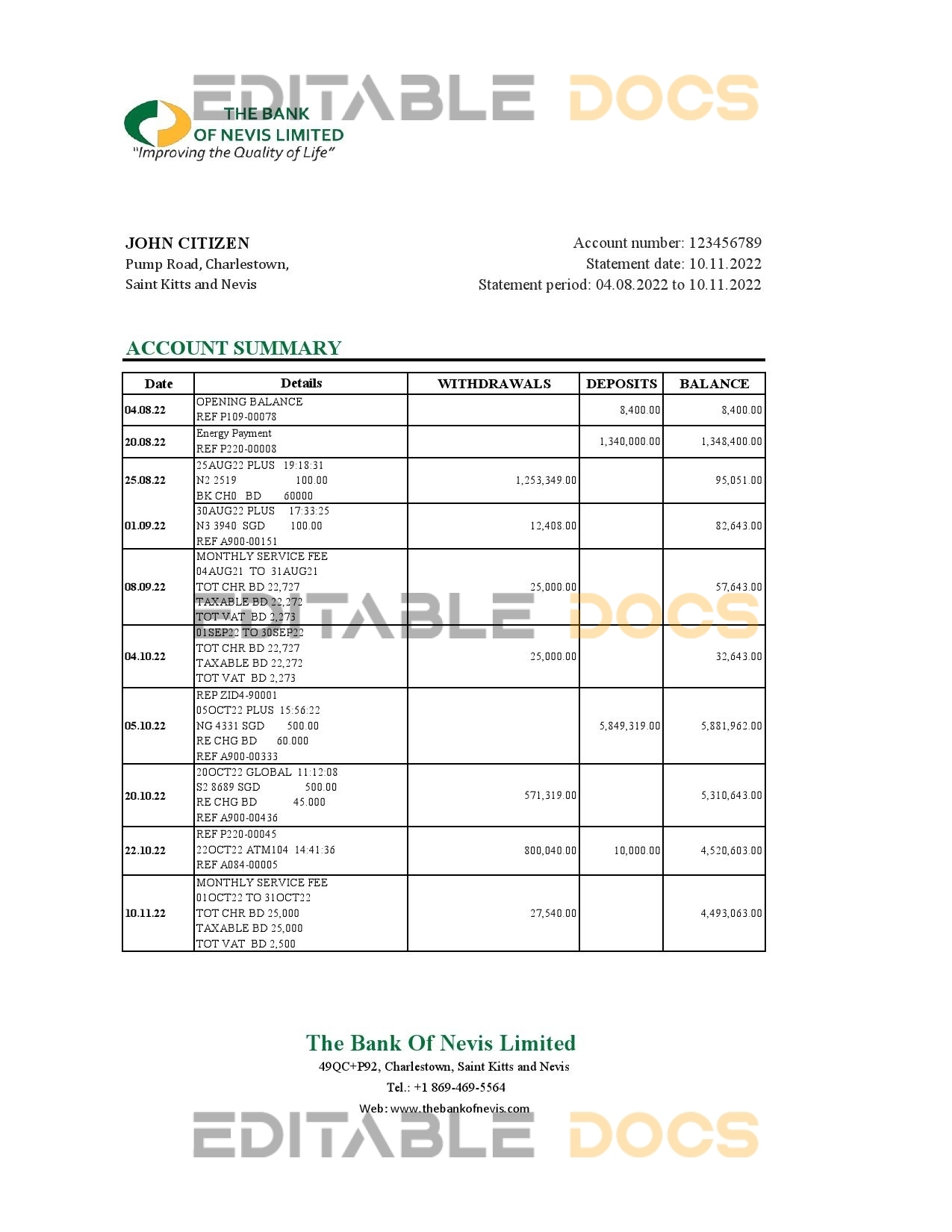 Saint Kitts and Nevis The Bank of Nevis bank statement, Excel and PDF template