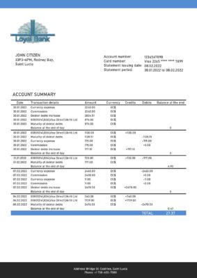Saint Lucia Loyal Bank bank proof of address statement template in Word and PDF format