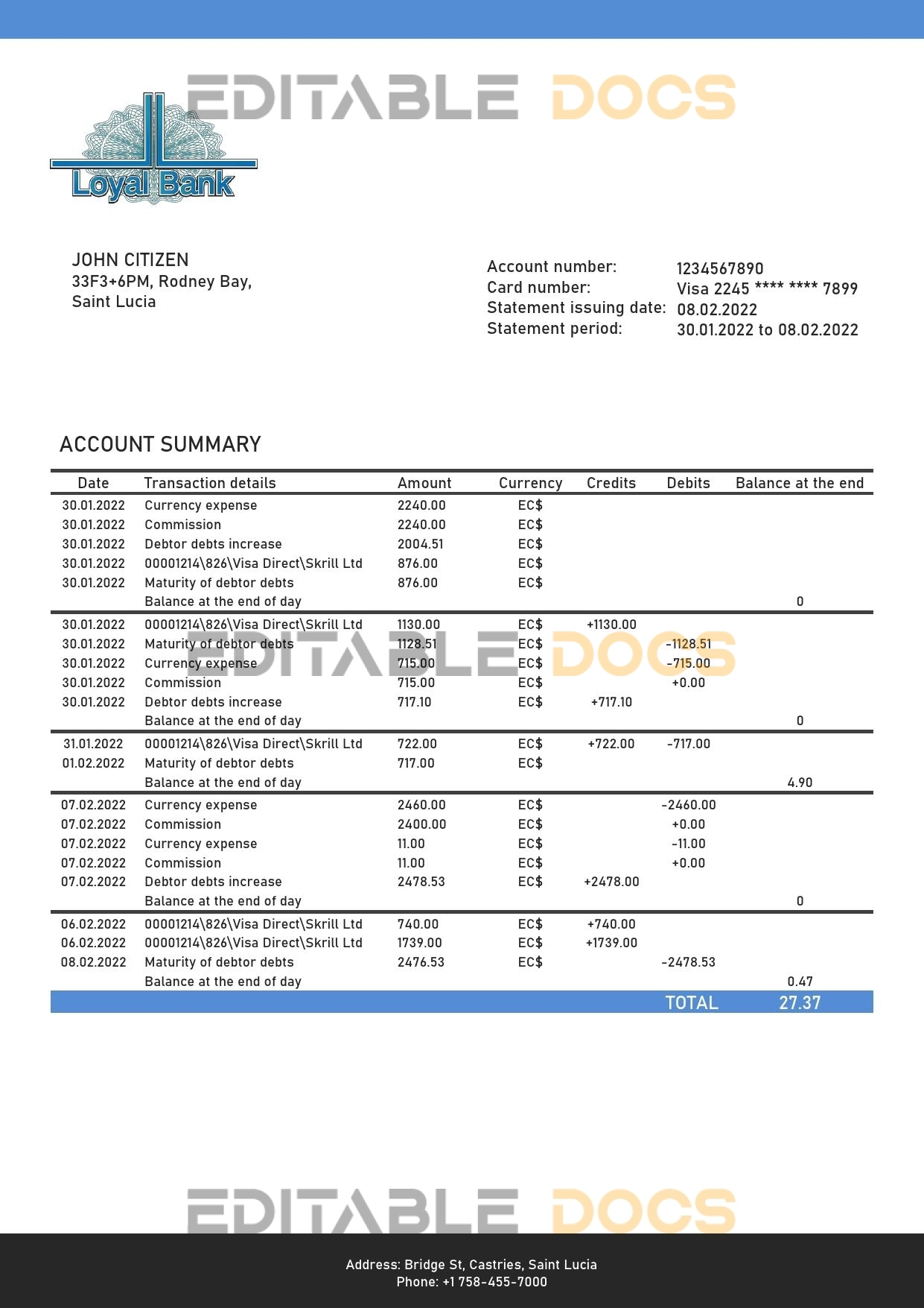Saint Lucia Loyal Bank bank proof of address statement template in Word and PDF format