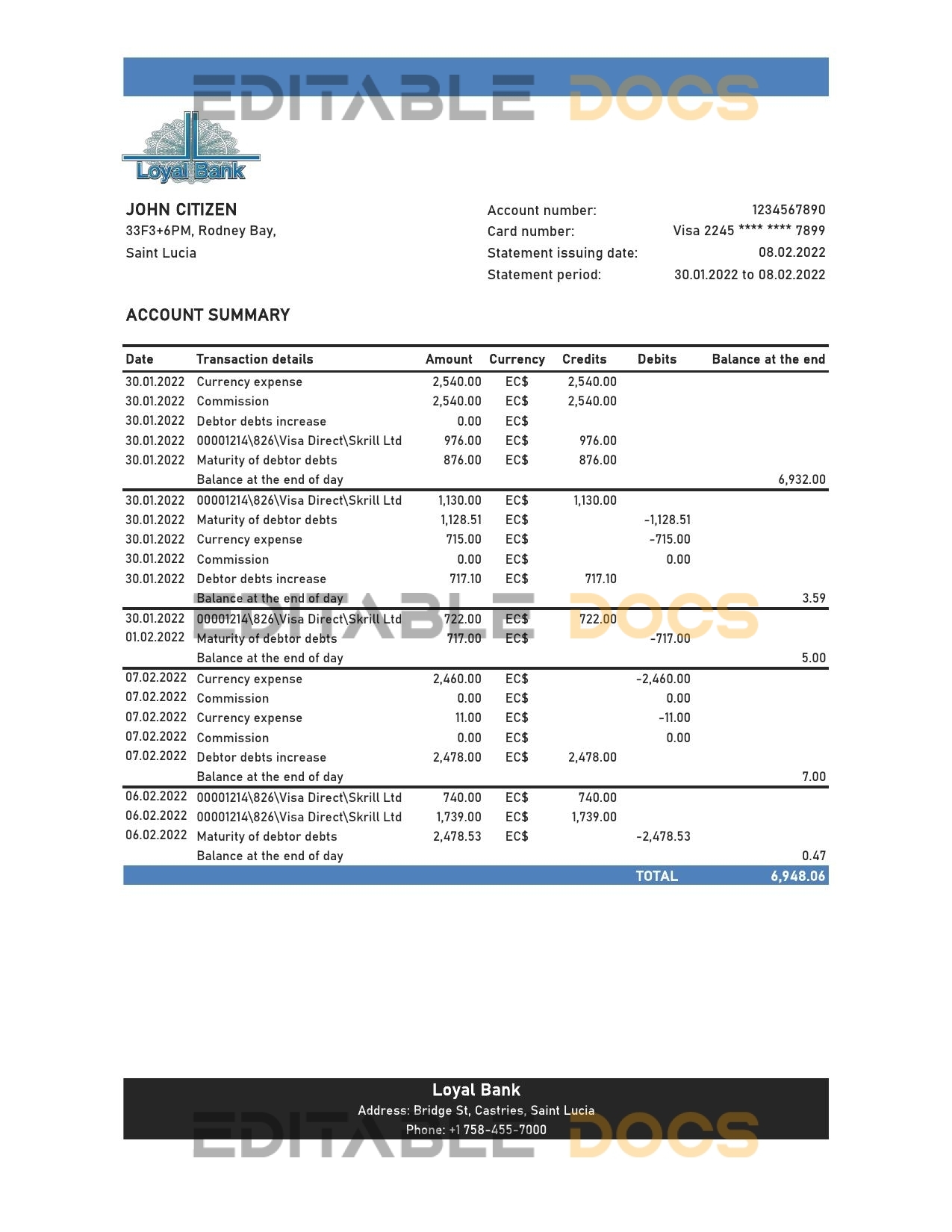 Saint Lucia Loyal bank statement, Excel and PDF template