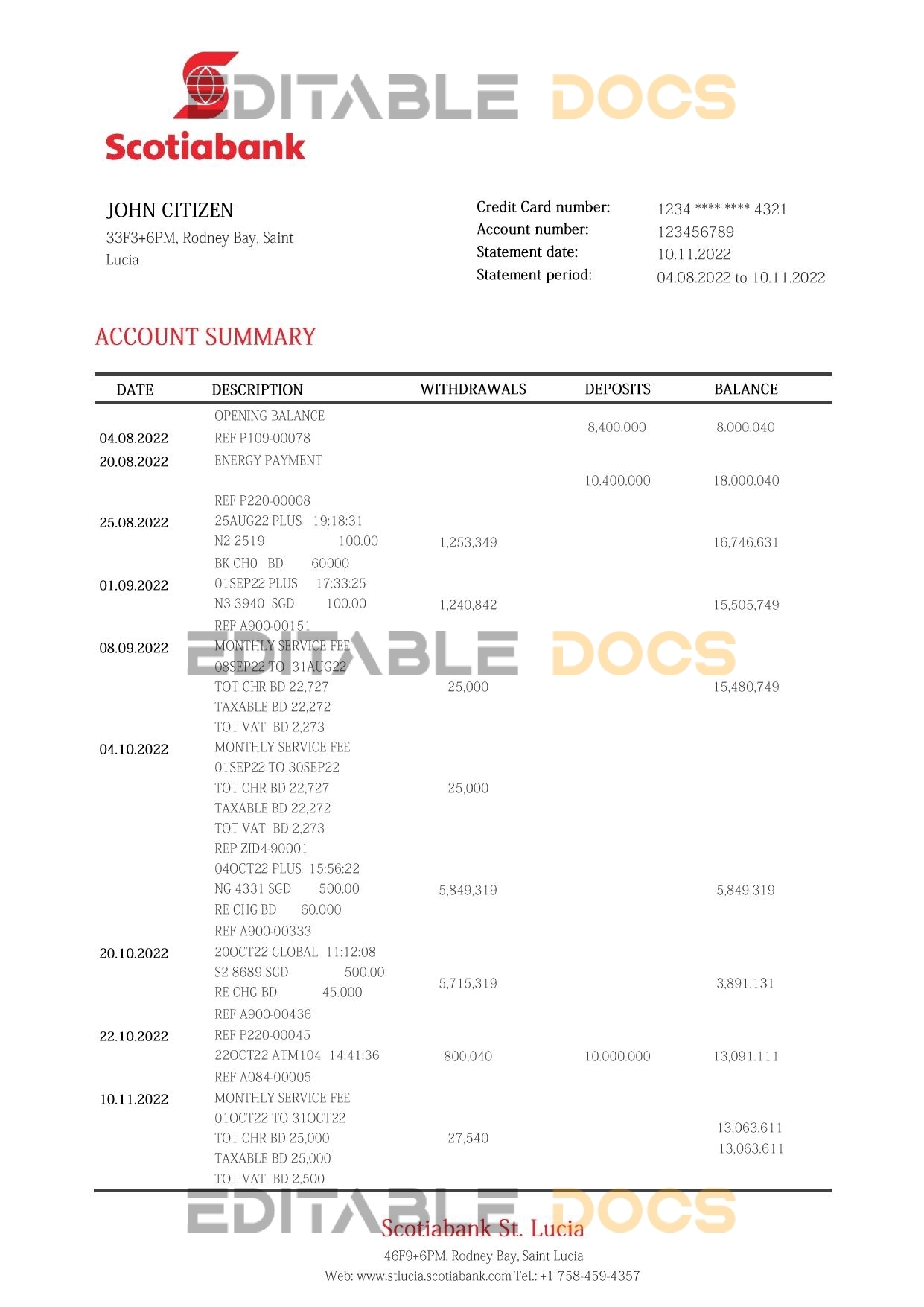 Saint Lucia Scotiabank bank proof of address statement template in Word and PDF format