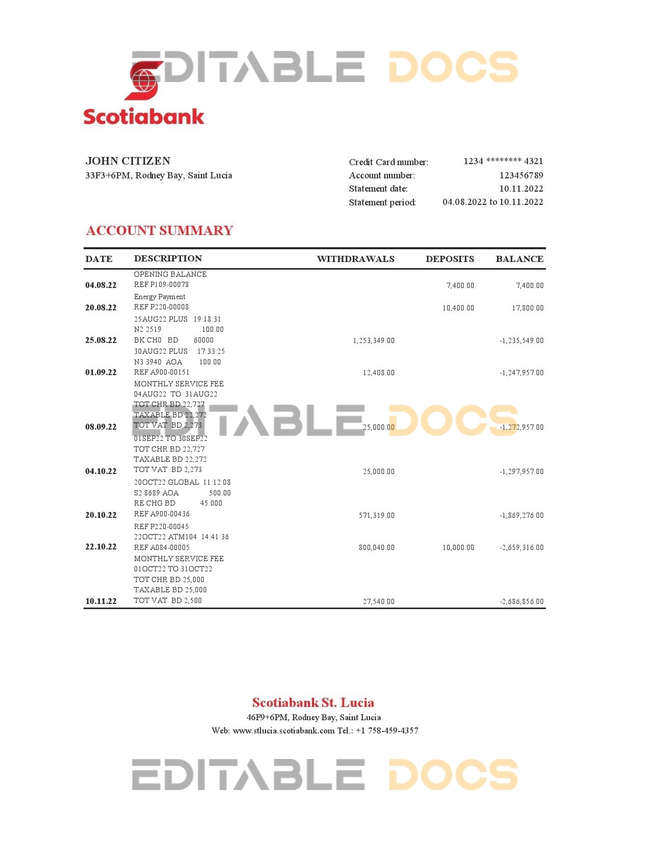 Saint Lucia Scotiabank bank statement, Excel and PDF template