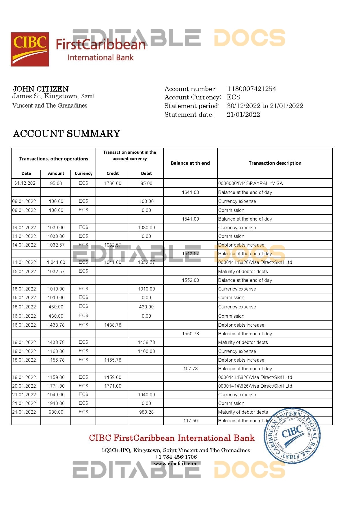 Saint Vincent and The Grenadines First Caribbean International Bank statement template in Excel and PDF format