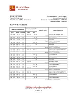 Saint Vincent and The Grenadines First Caribbean International bank statement, Excel and PDF template, version 2