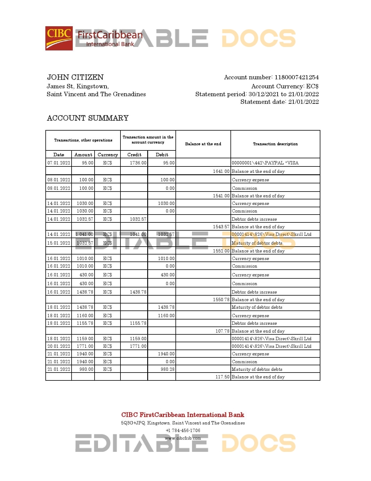 Saint Vincent and The Grenadines First Caribbean International bank statement, Excel and PDF template, version 2