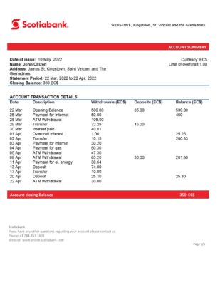 Saint Vincent and The Grenadines Scotiabank bank proof of address statement template in Word and PDF format
