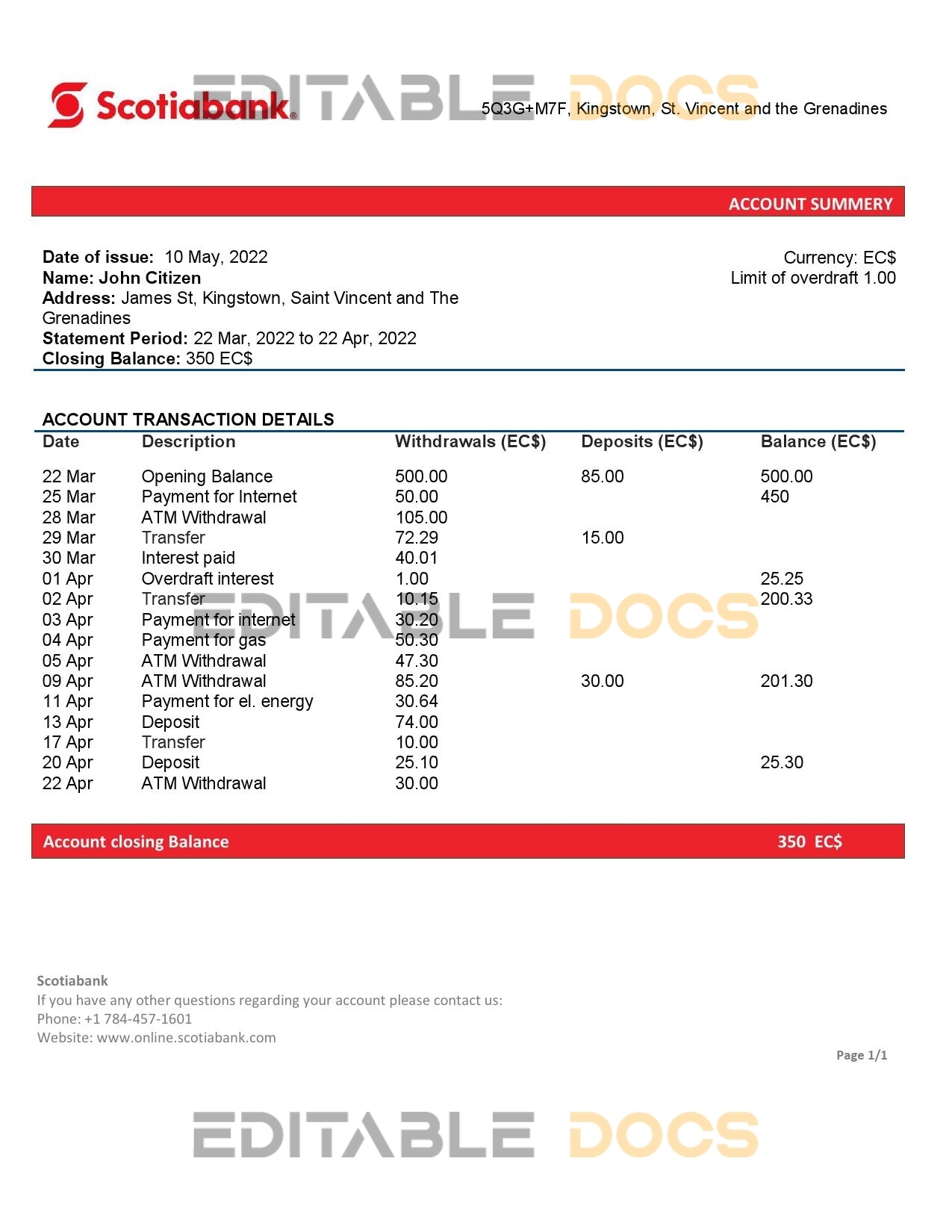 Saint Vincent and The Grenadines Scotiabank bank proof of address statement template in Word and PDF format