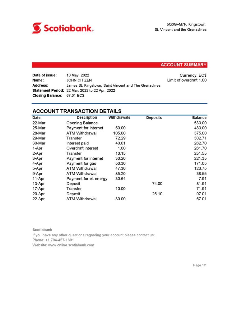 Saint Vincent and The Grenadines Scotiabank bank statement, Excel and PDF template