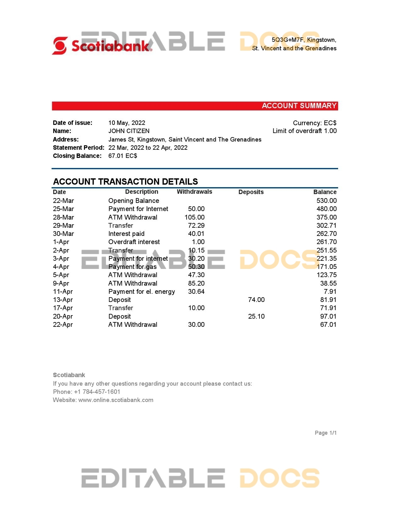 Saint Vincent and The Grenadines Scotiabank bank statement, Excel and PDF template