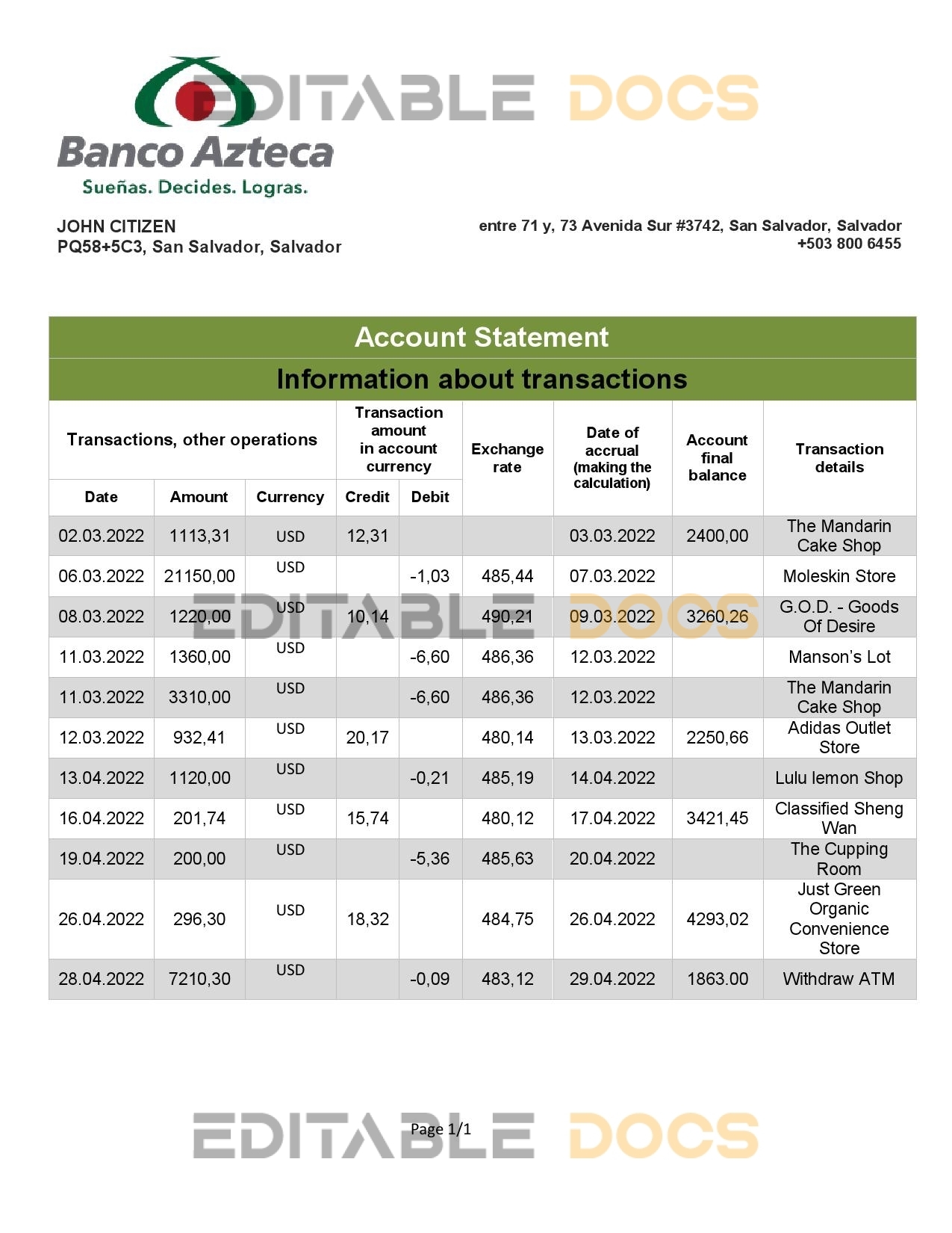 Salvador Banco Azteca bank statement template in Word and PDF format