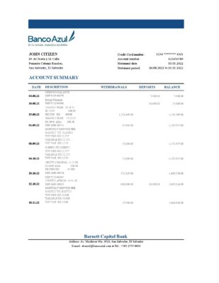 Salvador Banco Azul bank statement Excel and PDF template