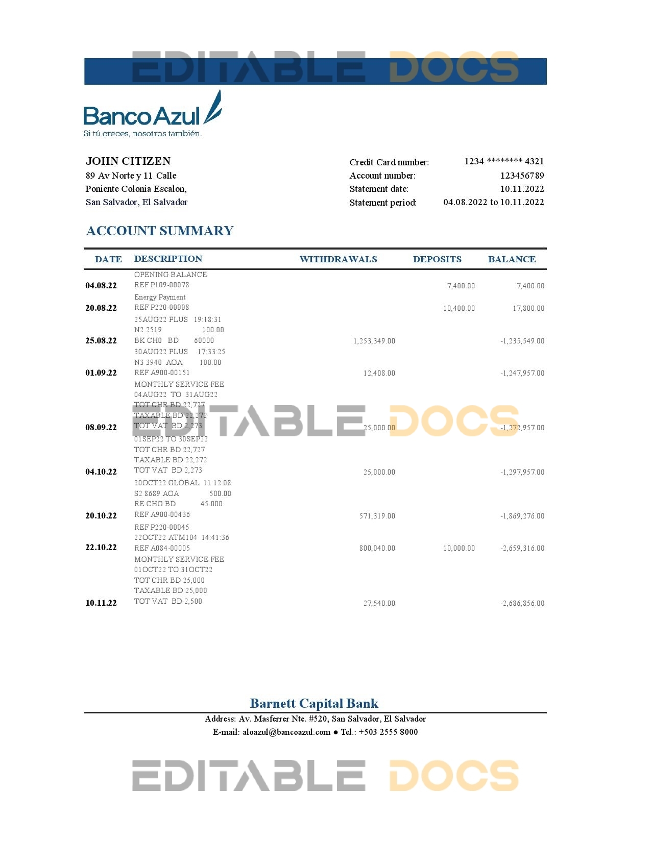 Salvador Banco Azul bank statement Excel and PDF template