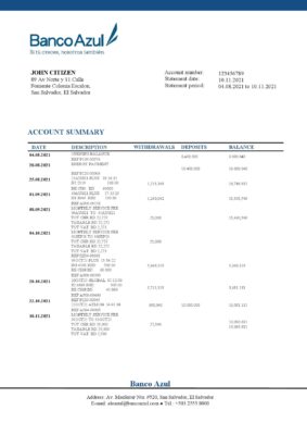 Salvador Banco Azul bank statement template in Word and PDF format
