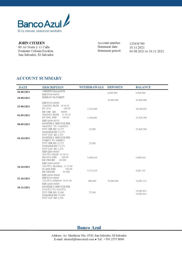 Salvador Banco Azul bank statement template in Word and PDF format