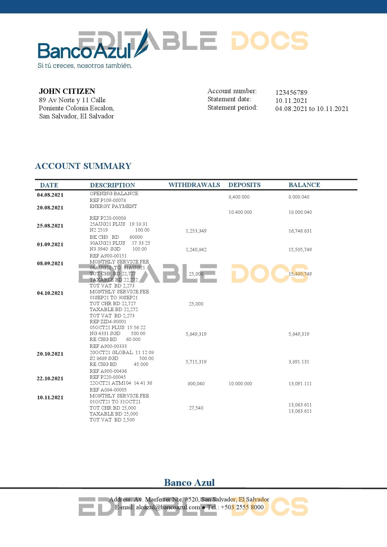Salvador Banco Azul bank statement template in Word and PDF format