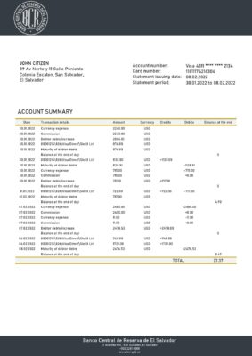 Salvador Banco Central de Reserva de El Salvador bank statement template in Word and PDF format