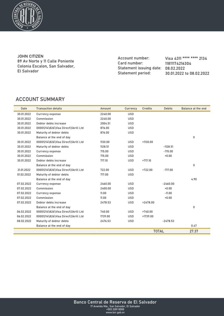 Salvador Banco Central de Reserva de El Salvador bank statement template in Word and PDF format