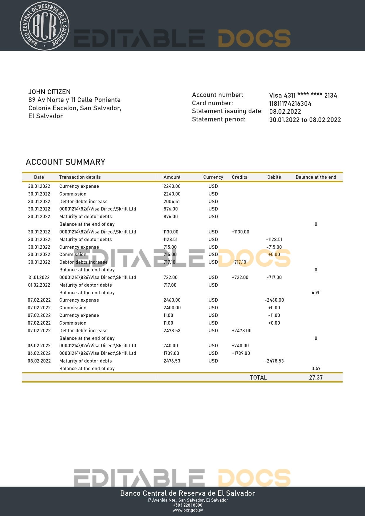 Salvador Banco Central de Reserva de El Salvador bank statement template in Word and PDF format