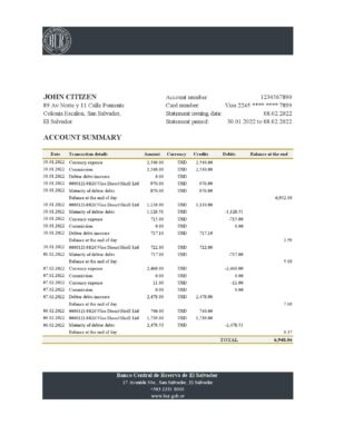 Salvador Banco Central de Reserva of El Salvador bank statement Excel and PDF template