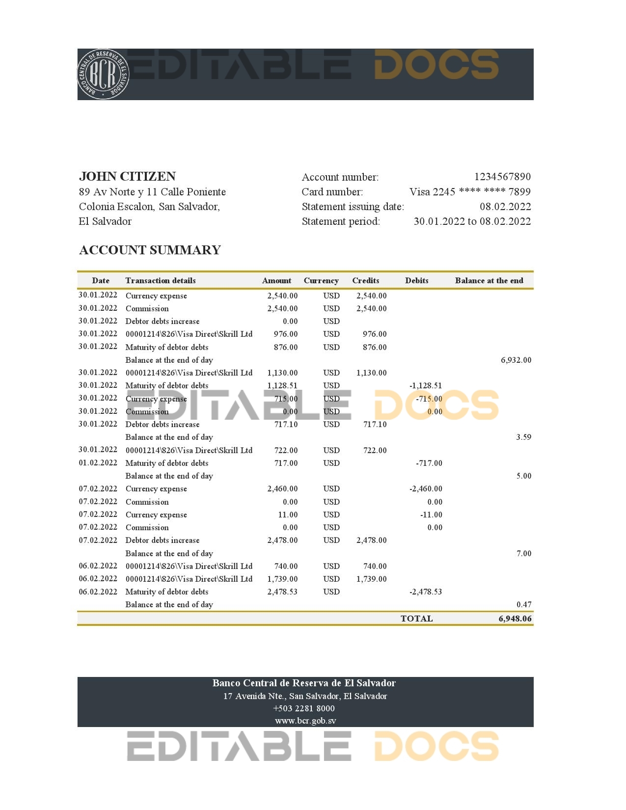 Salvador Banco Central de Reserva of El Salvador bank statement Excel and PDF template