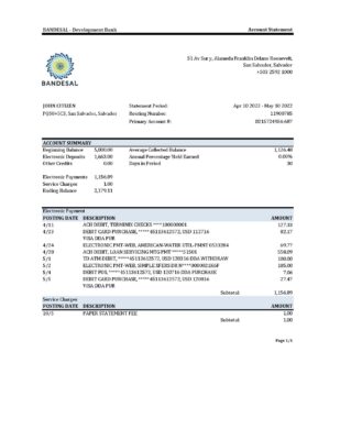 Salvador Bandesal bank statement, Excel and PDF template