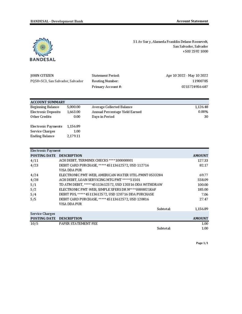 Salvador Bandesal bank statement, Excel and PDF template