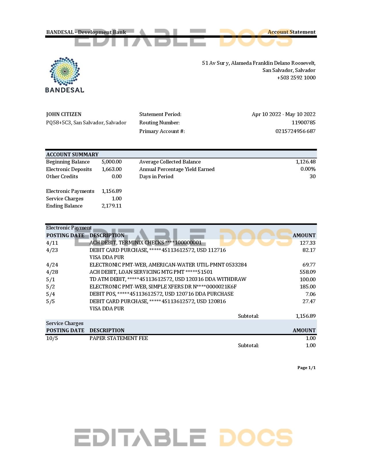 Salvador Bandesal bank statement, Excel and PDF template