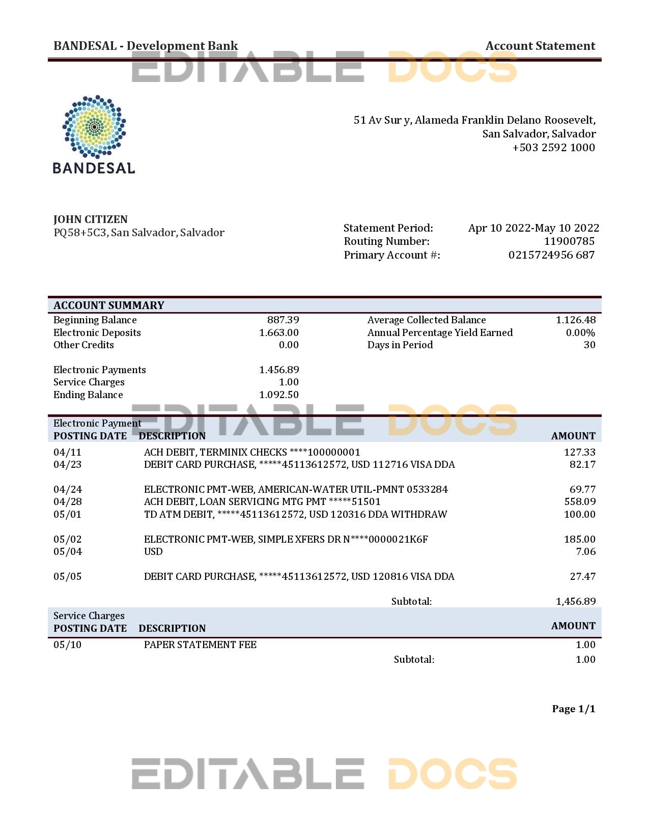 Salvador Bandesal bank statement template in Word and PDF format