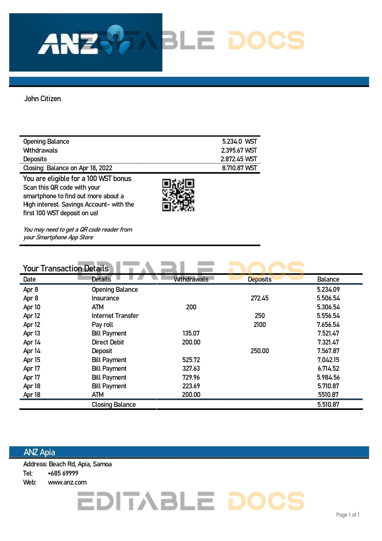 Samoa ANZ bank proof of address statement template in Word and PDF format