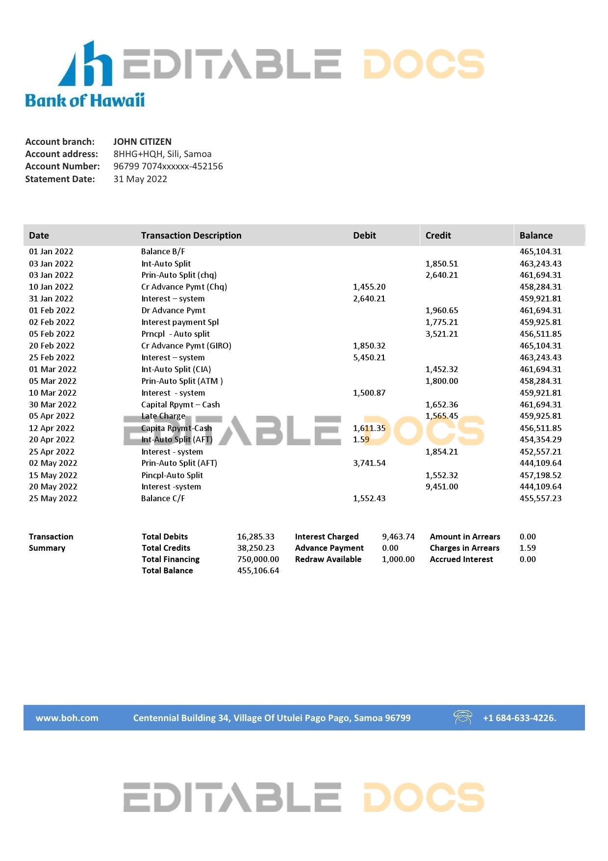 Samoa Bank of Hawaii bank proof of address statement template in Word and PDF format
