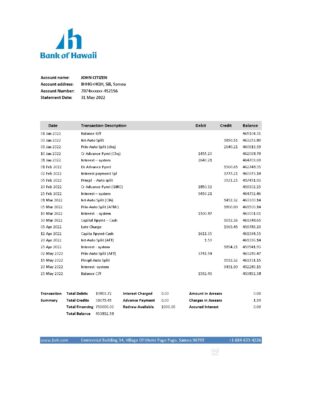 Samoa Bank of Hawaii bank statement, Excel and PDF template