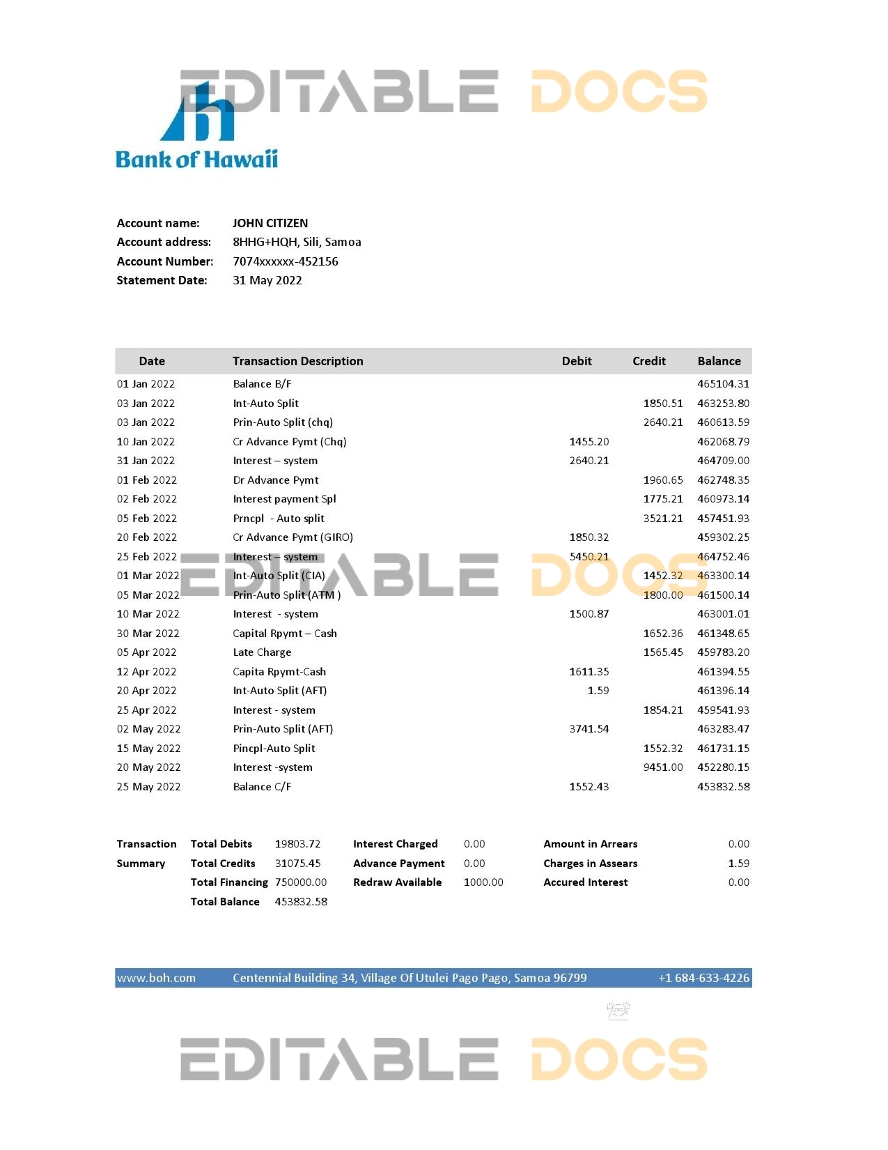 Samoa Bank of Hawaii bank statement, Excel and PDF template
