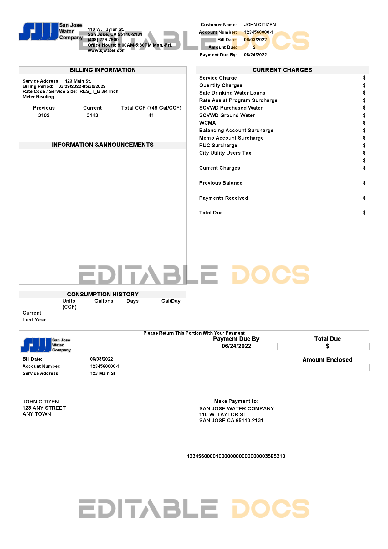 USA California San Jose Water utility bill template in Word and PDF format