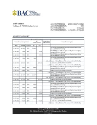 San Marino Banca Agricole Commerciale bank statement, Excel and PDF template