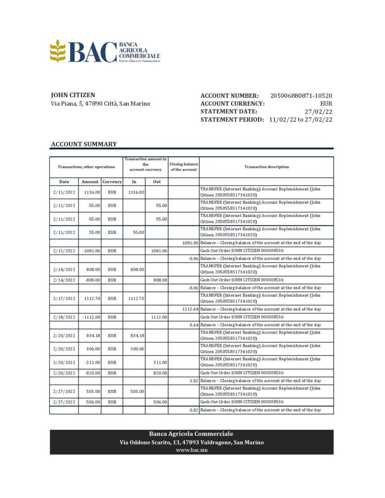 San Marino Banca Agricole Commerciale bank statement, Excel and PDF template