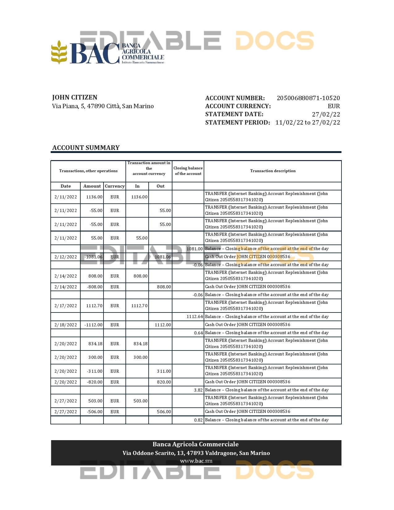 San Marino Banca Agricole Commerciale bank statement, Excel and PDF template