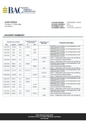 San Marino Banca Agricole Commerciale bank statement template in Word and PDF format