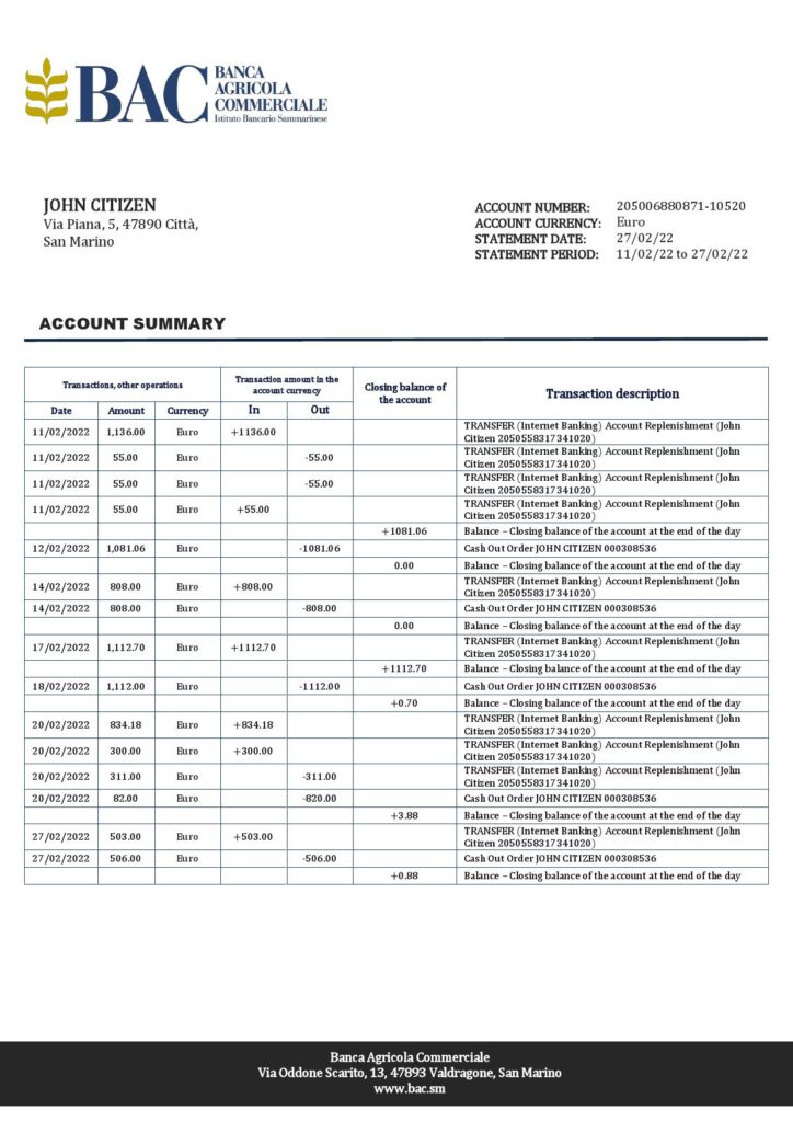 San Marino Banca Agricole Commerciale bank statement template in Word and PDF format