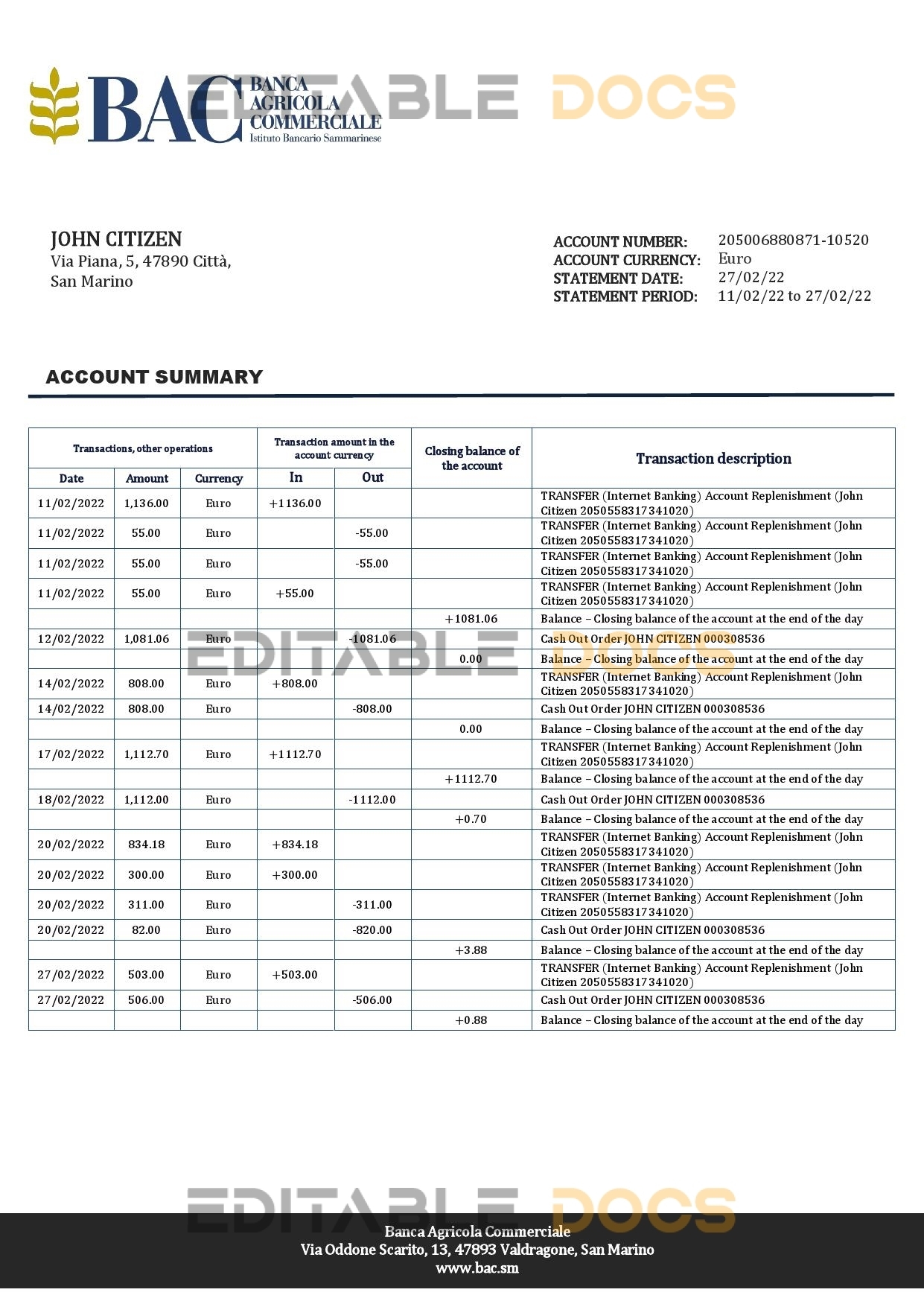 San Marino Banca Agricole Commerciale bank statement template in Word and PDF format