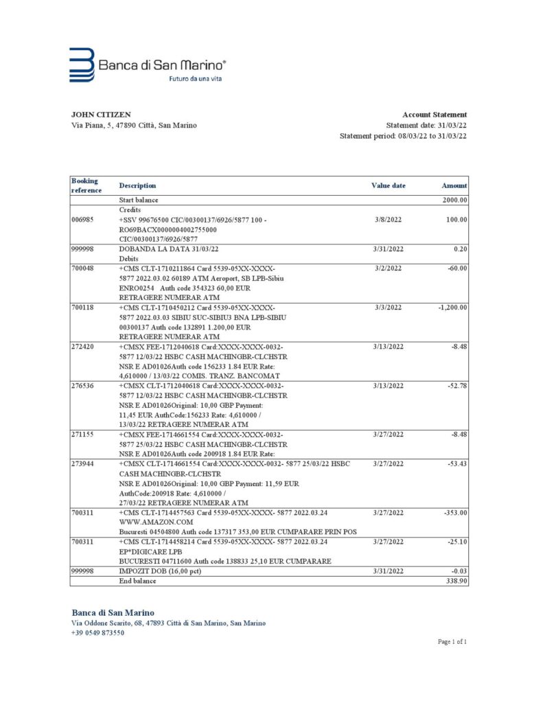 San Marino Banca di San Marino bank statement, Excel and PDF template