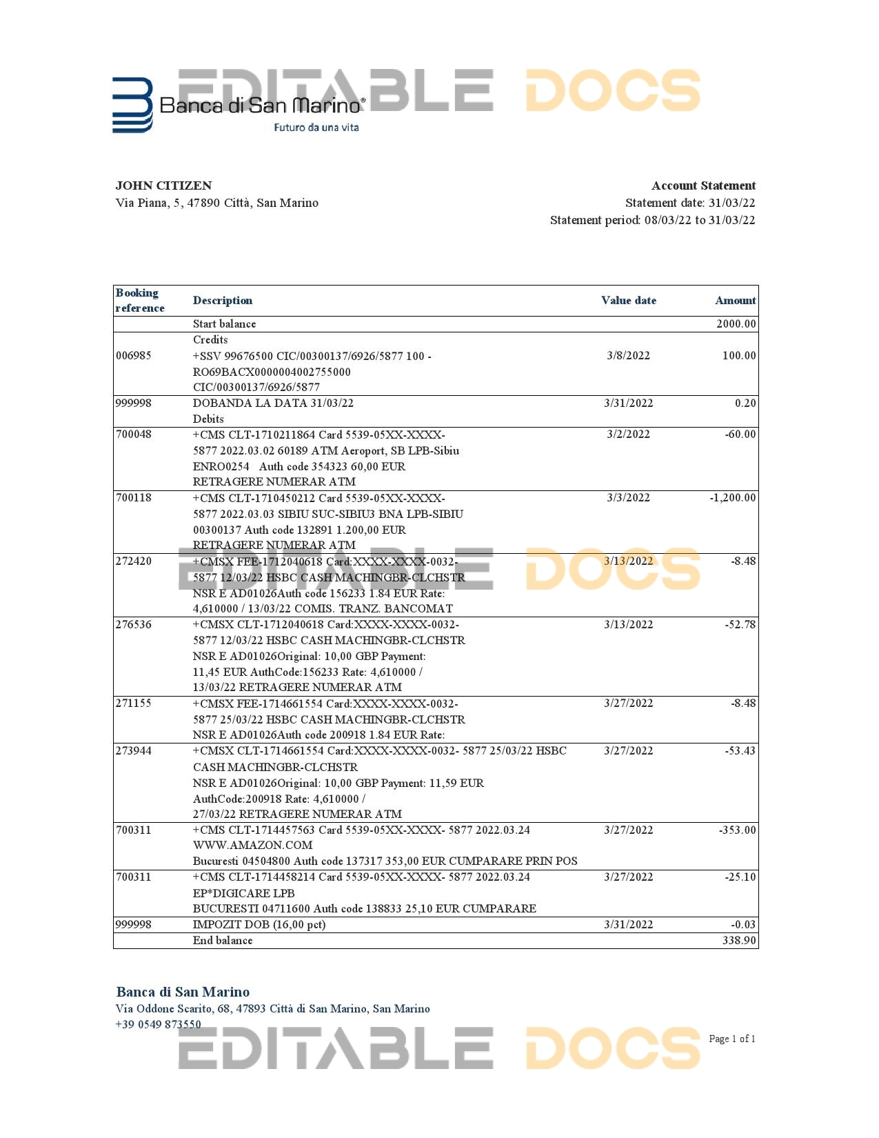 San Marino Banca di San Marino bank statement, Excel and PDF template