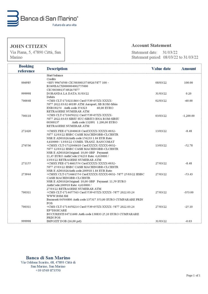San Marino Banca di San Marino bank statement template in Word and PDF format