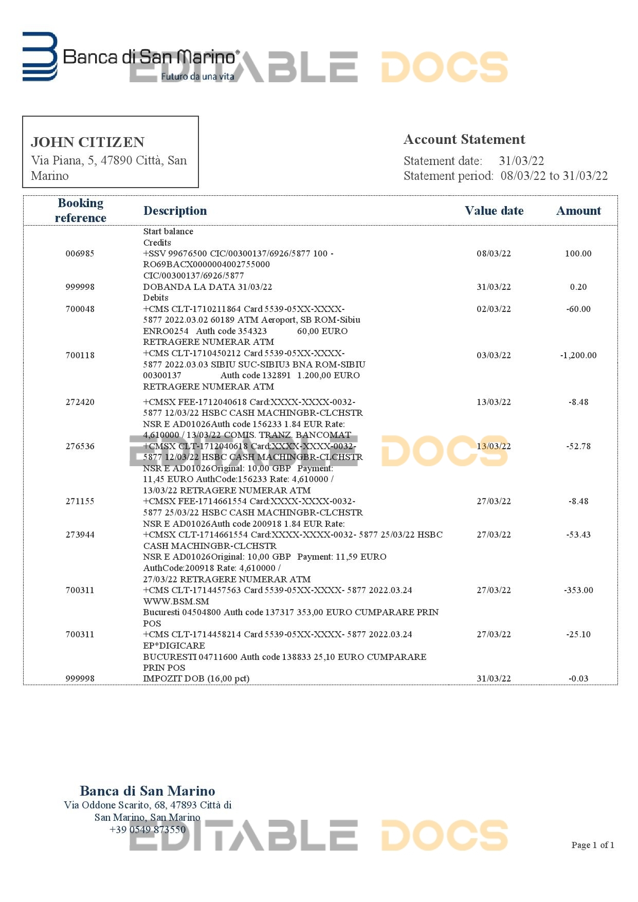 San Marino Banca di San Marino bank statement template in Word and PDF format