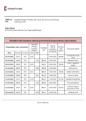Sao Tome and Principe Afriland First Bank bank statement template in Word and PDF format