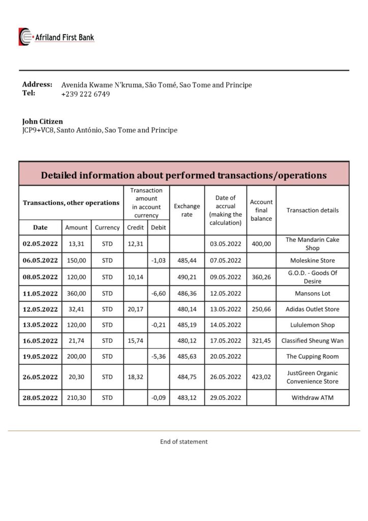 Sao Tome and Principe Afriland First Bank bank statement template in Word and PDF format