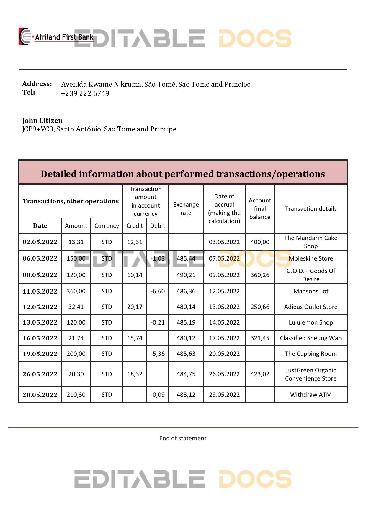 Sao Tome and Principe Afriland First Bank bank statement template in Word and PDF format