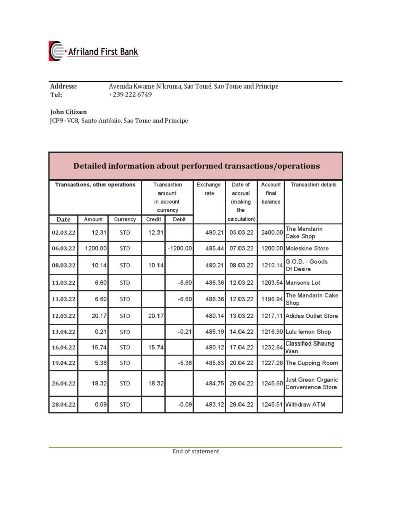 Sao Tome and Principe Afriland First bank statement, Excel and PDF template